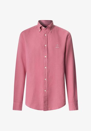Camicia da uomo a maniche lunghe con bottoni, di colore rosa tenue, con colletto abbottonato e piccolo logo ricamato bianco sul petto sinistro.
