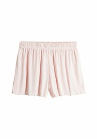 Shorts rosa chiaro realizzati in un morbido tessuto testurizzato, con una vita elasticizzata e un design ampio e fluido, caratterizzati da orli a scallop.