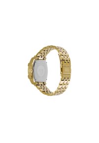 Gouden metalen horloge met een rechthoekige kast, schakelarmband en zilveren achterkant. Heeft een gladde afwerking en een klapsluiting.