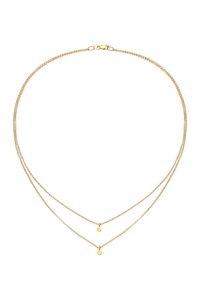 Gouden gelaagde ketting met twee delicate kettingen, voorzien van kleine ronde hangers aan elke ketting. Gladde textuur en glanzende afwerking.
