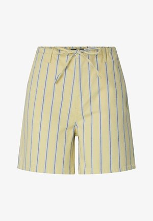 Short jaune à rayures bleues verticales, taille élastique et fermeture à cordon à l'avant.