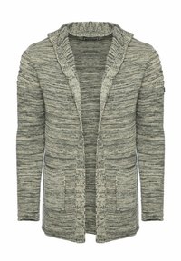 Strickjacke in Grautönen mit einem Schalkragen, offener Vorderseite, langen Ärmeln und zwei vorderen Taschen, ausgestattet mit einem strukturierten, gestreiften Muster.