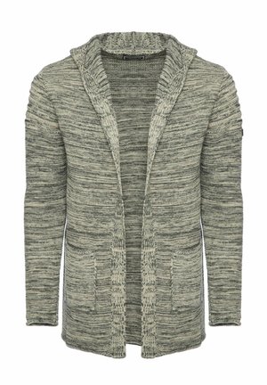 Strickjacke in Grautönen mit einem Schalkragen, offener Vorderseite, langen Ärmeln und zwei vorderen Taschen, ausgestattet mit einem strukturierten, gestreiften Muster.