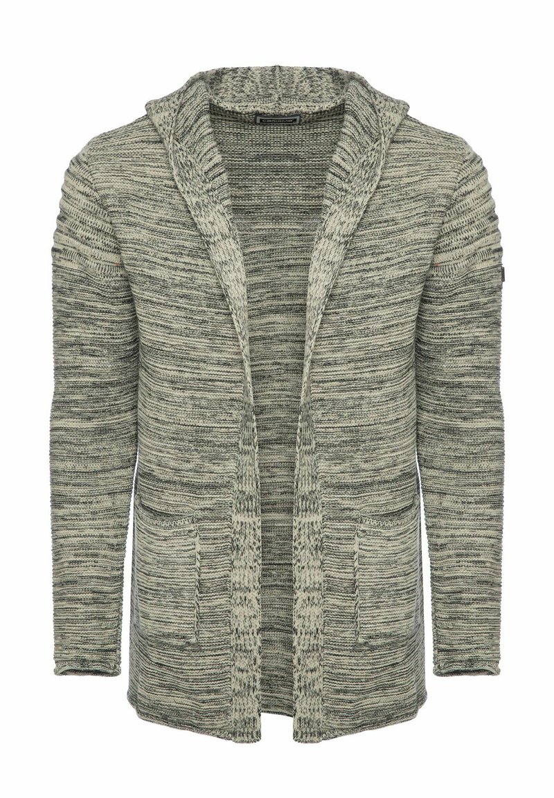 Strickjacke in Grautönen mit einem Schalkragen, offener Vorderseite, langen Ärmeln und zwei vorderen Taschen, ausgestattet mit einem strukturierten, gestreiften Muster.