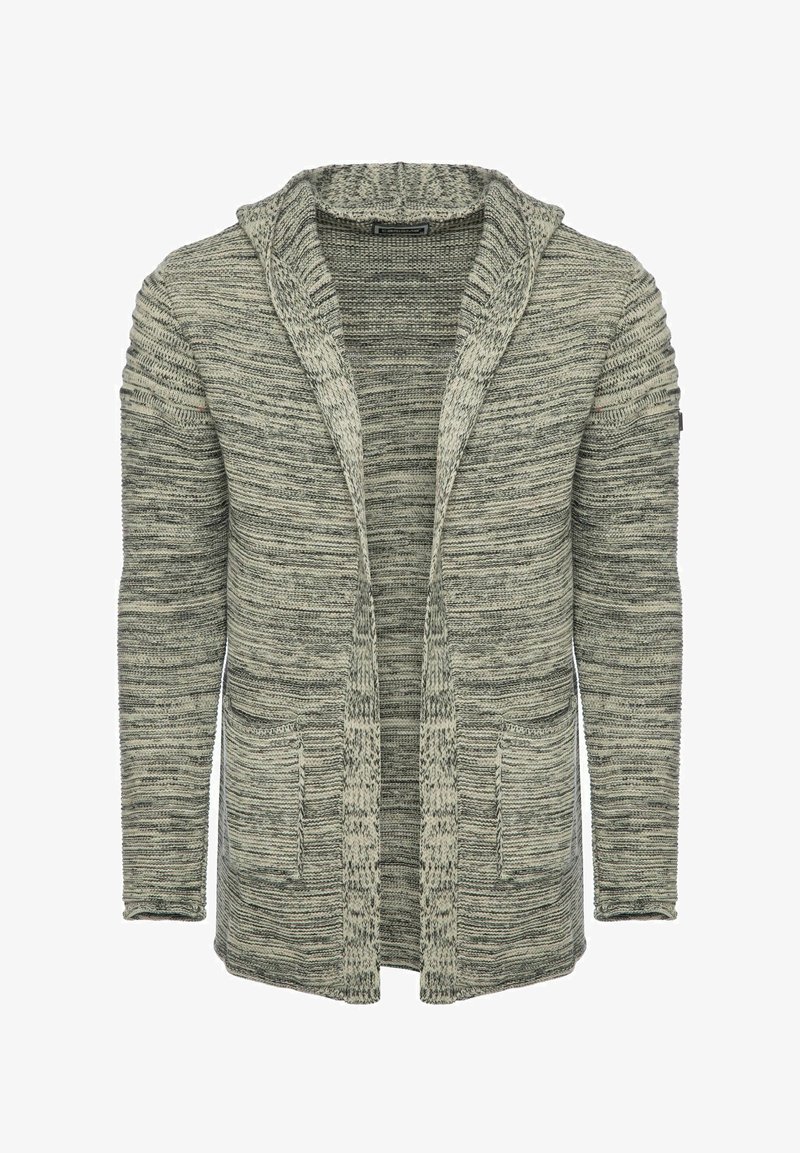 Strickjacke in Grautönen mit einem Schalkragen, offener Vorderseite, langen Ärmeln und zwei vorderen Taschen, ausgestattet mit einem strukturierten, gestreiften Muster.