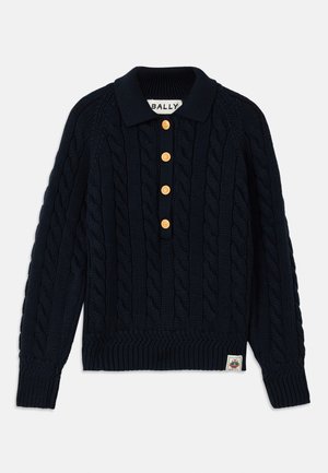 Navy knitted sweater with a cable pattern, ribbed collar and cuffs, features five golden buttons, and a logo patch at the lower hem.