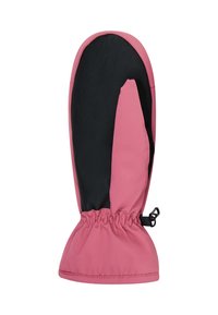 Roze waterdichte handschoen met een zwarte gestructureerde palm. Voorzien van een elastische manchet en een trekkoord bij de pols voor een veilige pasvorm.