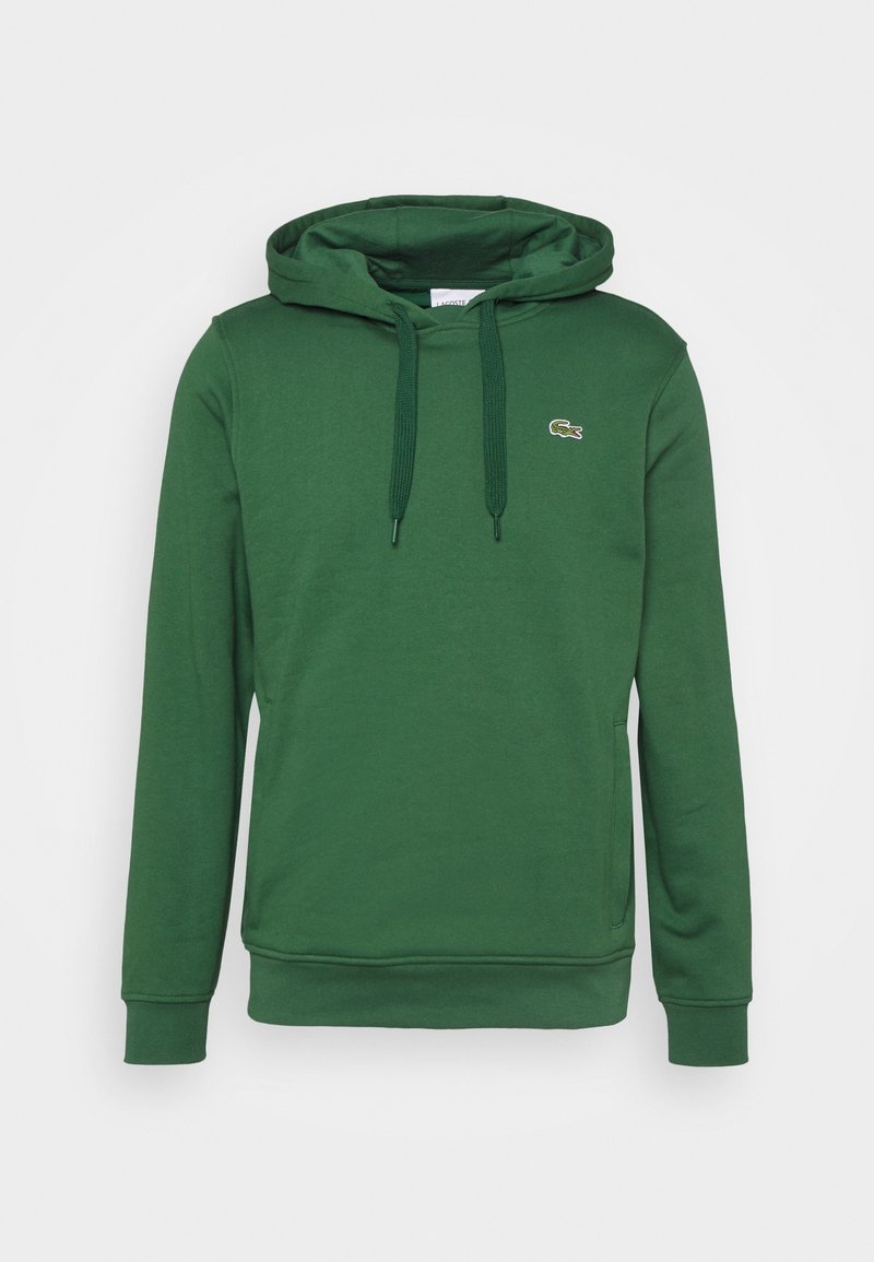 Sweat à capuche vert foncé à manches longues, avec cordons, poche kangourou, poignets côtelés et petit logo crocodile brodé sur la poitrine.