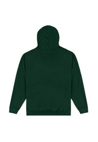 Tmavě zelená mikina s kapucí, klokaní kapsou, žebrovanými manžetami a lemem a šňůrkou na stažení kapuce, s měkkou fleecovou texturou.