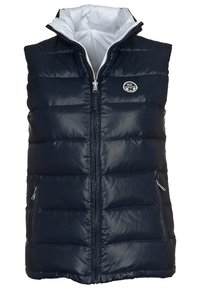 Námorně modrý zateplený vesta se zapínáním na zip, dvěma bočními kapsami a bílou podšívkou. Obsahuje kulatý logo na hrudi a stojáček.