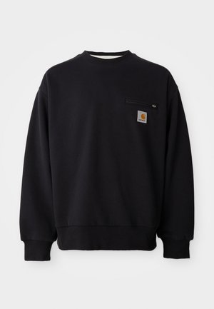 Must must arvutitehnikast, mis sisaldab puuvilla, millel on ümmargune kaelus, pikad sleeves ja rinna tasku, mis on varustatud tõmbluku ja brändi logoga.