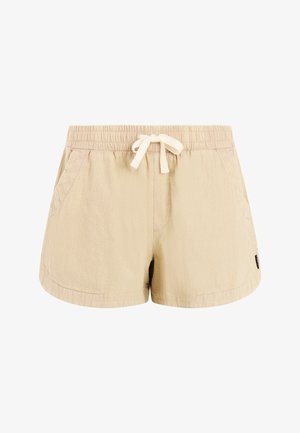 Beige badstofshorts met elastische tailleband, voorzakken en een gestrikte trekkoord op een witte achtergrond.