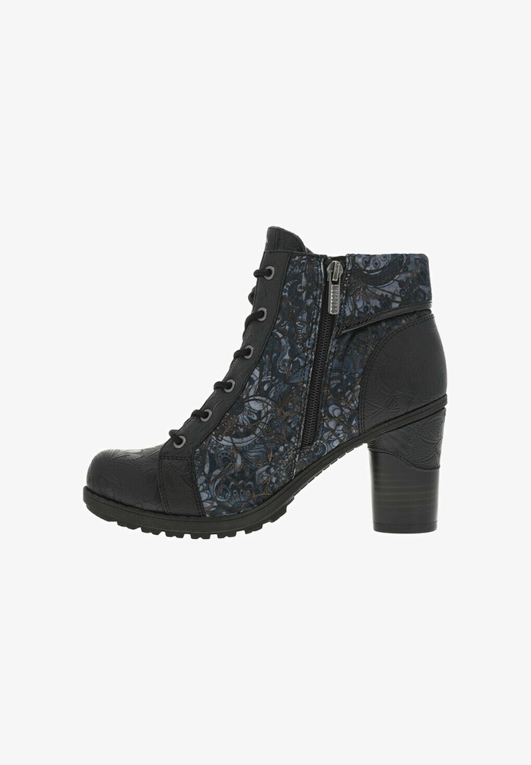 Bottines noires avec une tige en cuir texturé, un panneau en tissu à motifs, une fermeture éclair latérale et un talon épais. Semelle en caoutchouc pour une meilleure adhérence.