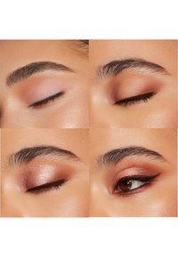 Vier close-up afbeeldingen van ogen die oogschaduwlooks tonen: zachte roze, warme koper met sprankeling en een diepe bruine kleur met vleugel eyeliner.