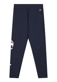 Granatowe legginsy sportowe z elastycznym pasem, z dużym białym logo oraz czerwonym akcentem na dolnej części nogawki. Wykonane z miękkiego materiału.