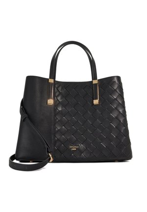 Sac fourre-tout en cuir noir avec texture tissée, accents métalliques dorés et deux poignées supérieures. Comprend une bandoulière amovible.