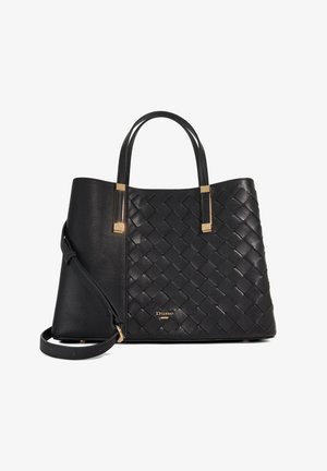 Sac fourre-tout en cuir noir avec texture tissée, accents métalliques dorés et deux poignées supérieures. Comprend une bandoulière amovible.