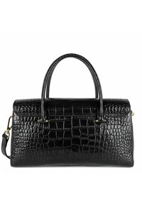 Borsa a tracolla in pelle nera con effetto coccodrillo, dotata di manici superiori doppi e tracolla staccabile. Presenta dettagli in metallo dorato e una forma strutturata.
