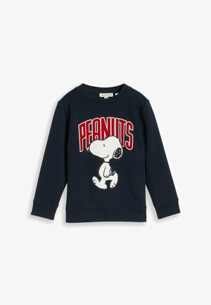 Mørkeblå sweatshirt med lange ærmer med Snoopy-figur og rød "PEANUTS" tekst på fronten.