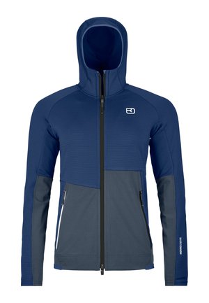 Blaues und dunkelgraues Kapuzenjacke mit Reißverschluss, zwei vorderen Reißverschlusstaschen und kleinem Logo auf Brust und Ärmel.