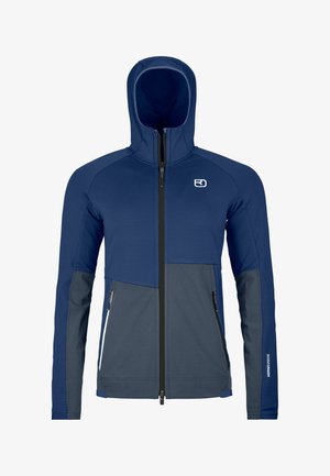 Blaues und dunkelgraues Kapuzenjacke mit Reißverschluss, zwei vorderen Reißverschlusstaschen und kleinem Logo auf Brust und Ärmel.