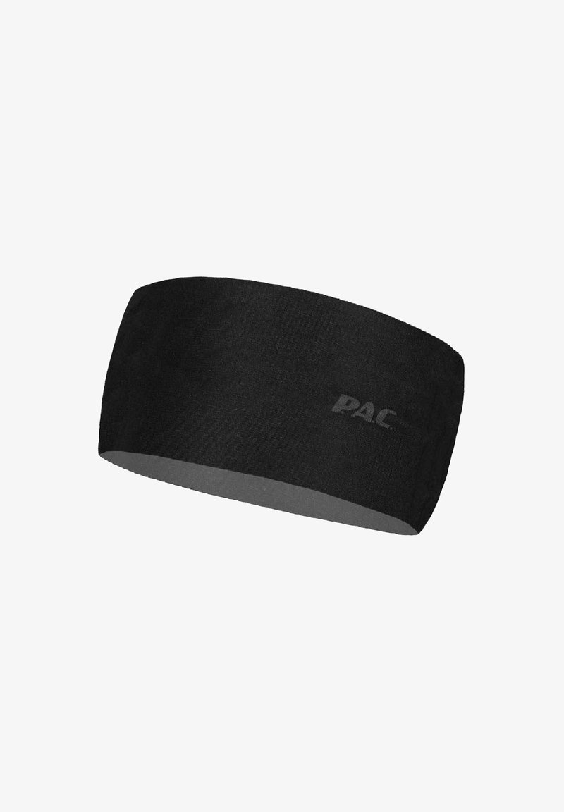 Schwarzes Polyester-Stirnband mit dezentem "PAC"-Logo, entworfen für Sport- oder Outdoor-Einsatz.