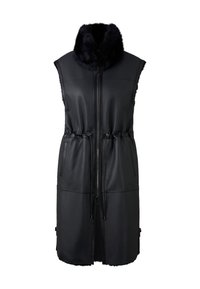 Czarna skórzana kamizelka bez rękawów z kołnierzem z sztucznego futra, zamek z przodu, regulowany ściągacz w talii i dwie kieszenie po bokach. Gładka tekstura.