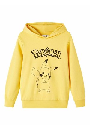 Sweatshirt à capuche jaune avec une illustration noire de Pikachu et le texte "Pokémon". Le matériau semble doux, avec des poignets et un ourlet côtelés.