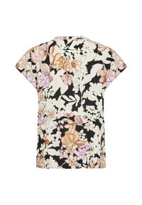 Cvečni bluzon iz lahkega materiala, z pastelno cvetjem na črni podlagi, kratkimi rokavi in okroglo ovratnikom.