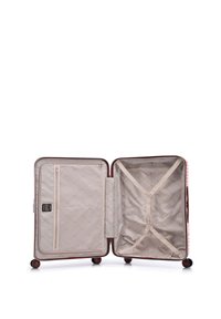 Hard-shell suitcase in rose gold with a patterned exterior. Interior features beige lining, mesh pocket, and cross straps for securing contents.