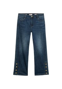 Jeans de mezclilla azul oscuro con piernas anchas, bolsillos delanteros y de monedas, un cierre de botón y cremallera, y cuatro botones dorados en cada dobladillo de la pierna.