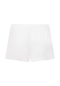 Shorts blancs en mélange de coton avec une texture lisse, taille élastique et sans poches visibles. Design simple à coupe droite sans motifs.