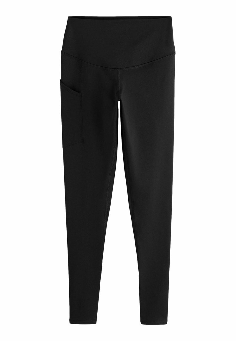 Svarta leggings med en figurnära design, hög midja och en sidoficka. Tillverkade av stretchigt material, lämpliga för träningskläder.