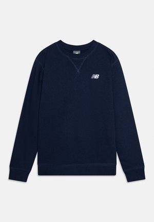 Navy blue long-sleeve crewneck sweatshirt with ribbed cuffs and hem, featuring a small white "NB" logo on the left chest.