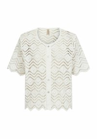 Krátký rukáv bílý krajkový kardigan s kulatým výstřihem, zapínáním na knoflíky a geometrickými diamantovými a cikcak vzory.