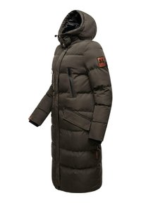 Puffy olive green parka with a hood, zippered chest pocket, side pockets, and leather logo patch on the sleeve. Features elastic cuffs.