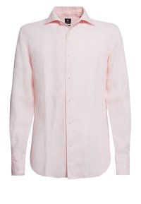 Světle růžová lněná košile s dlouhým rukávem a špičatým límcem, uzavíraná na knoflíky v přední části. Měkká textura s mírně uvolněným střihem a zakřiveným lemem.