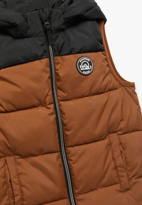 Brązowa i czarna kamizelka puchowa z wysokim kołnierzem, zapinana na zamek, z dwoma przednimi kieszeniami. Posiada okrągłe logo "Mountain Guide" na klatce piersiowej.