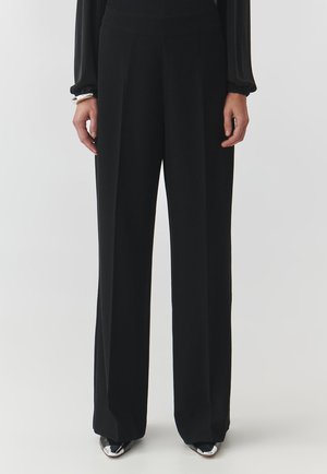Black wide-leg pants made of smooth fabric with a high waistband; features pleats and a floor-length design. No visible pockets or patterns.
