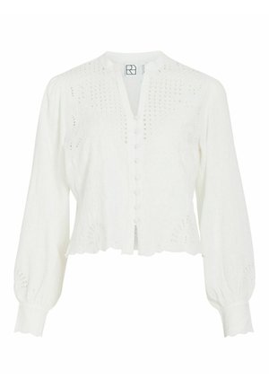 Blouse blanche à manches longues avec fermeture à boutons, broderie ajourée délicate, ourlet festonné et poignets, et encolure en V.