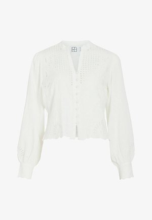 Blouse blanche à manches longues avec fermeture à boutons, broderie ajourée délicate, ourlet festonné et poignets, et encolure en V.