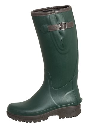 Dunkelgrüner Gummiregenstiefel mit braunem Besatz und verstellbarem Schnallenriemen, mit strukturiertem Profil für bessere Traktion.