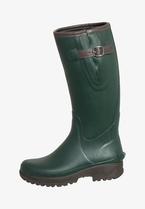 Dunkelgrüner Gummiregenstiefel mit braunem Besatz und verstellbarem Schnallenriemen, mit strukturiertem Profil für bessere Traktion.