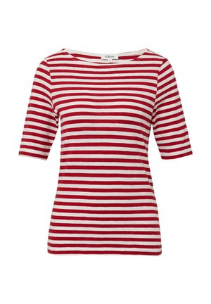 Rood-wit gestreepte korte mouw top met een ruime bootnecklijn, gemaakt van een zachte stof, met gelijkmatig verdeelde horizontale strepen.