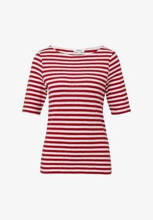 Rood-wit gestreepte korte mouw top met een ruime bootnecklijn, gemaakt van een zachte stof, met gelijkmatig verdeelde horizontale strepen.