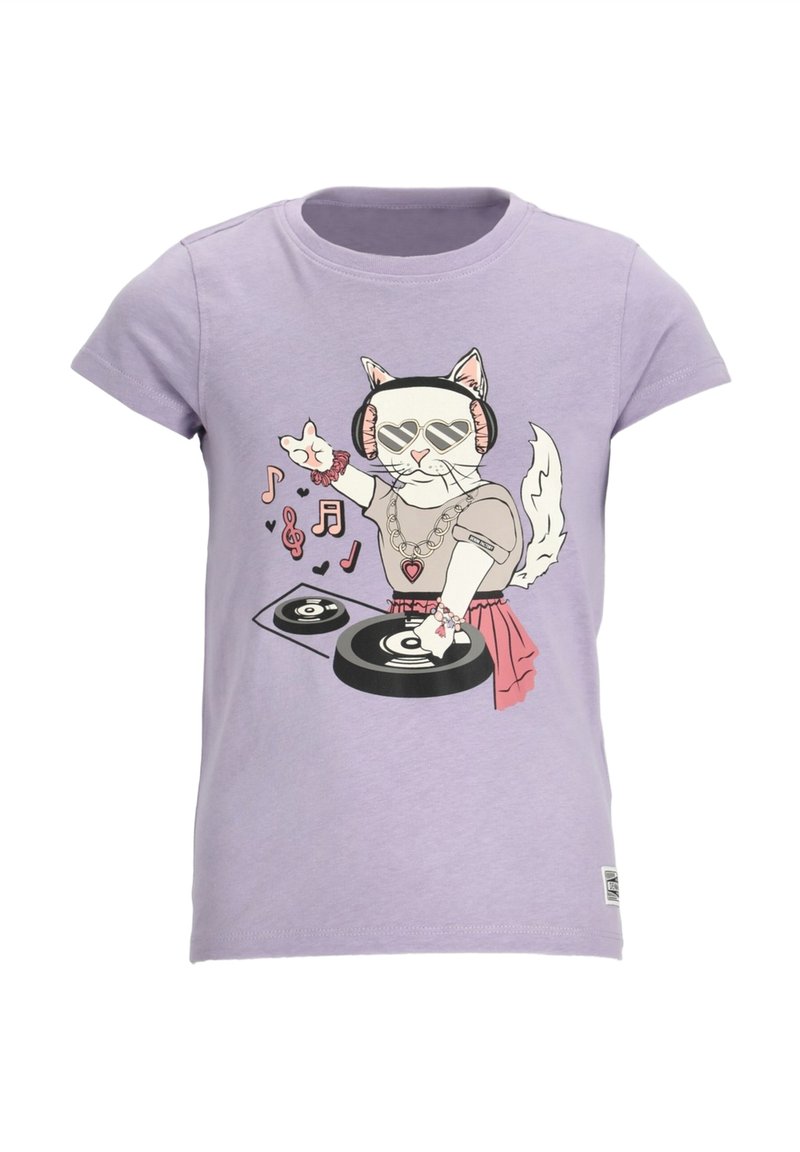 Violetti puuvillapaita, jossa on graafinen kuva DJ-kissasta, joka käyttää kuulokkeita ja aurinkolaseja, ja designissa on musiikkinuotteja ja vinyylilevyjä.