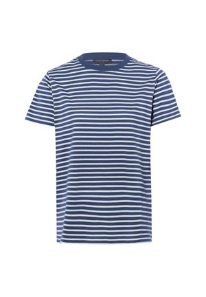Short-sleeve crew neck t-shirt with horizontal navy blue and white stripes, displayed flat on a white background.