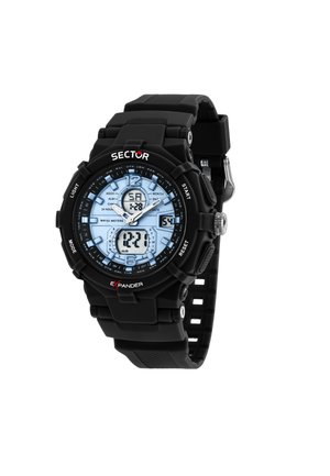 Orologio digitale nero con quadrante blu, dotato di più display e pulsanti. Realizzato in gomma con un cinturino testurizzato e dettagli in metallo.