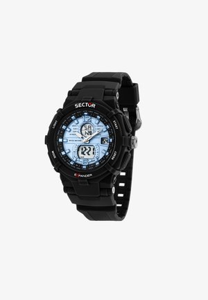 Orologio digitale nero con quadrante blu, dotato di più display e pulsanti. Realizzato in gomma con un cinturino testurizzato e dettagli in metallo.