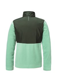 Fleecejacke mit einem mintgrünen unteren Teil und einem dunkelgrünen oberen Teil. Verfügt über einen hohen Kragen und Schulternahtdetails.